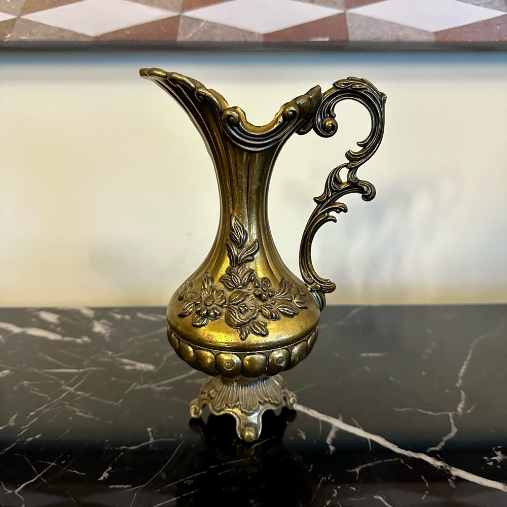 Made in Italy Gold Ornate 7” Pitcher Bud Vase Vintage Hollywood Regency